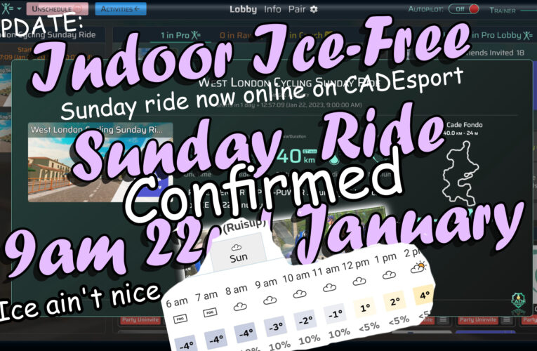 WEST LONDON CYCLING SUNDAY RIDE MOVES INDOORS DUE TO ICE FORECASTS FOR 22nd JANUARY