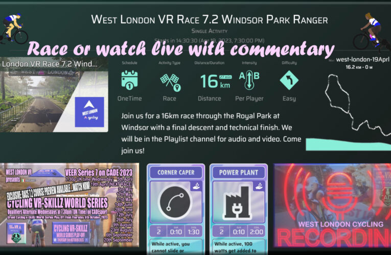 Enter in Pro Power, Watch on YouTube or Facebook (with commentary) but don’t miss West London VEER Race 7.2 on CADEsport Wednesday 19th April at 7.30pm UK Time