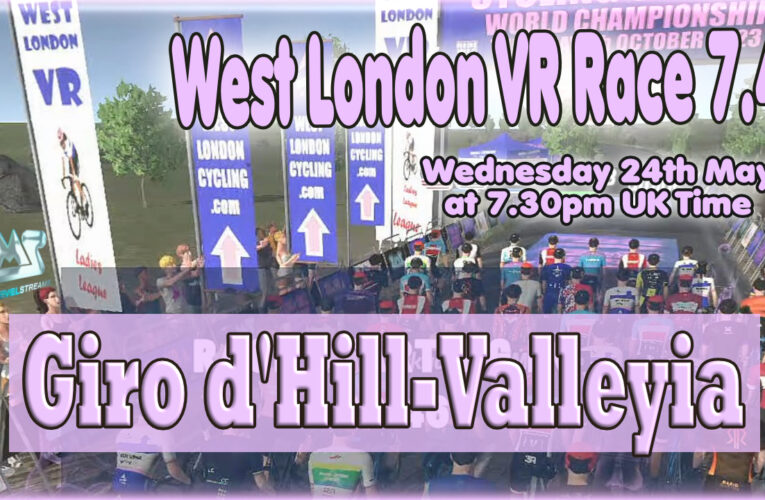 The West London VR Hillingdon Honey Course with (small) Hills and Valleys is on a smart trainer near you, race for the Maglia Closer on Wednesday 24th May at 7.30pm UK Time on Wahoo RGT