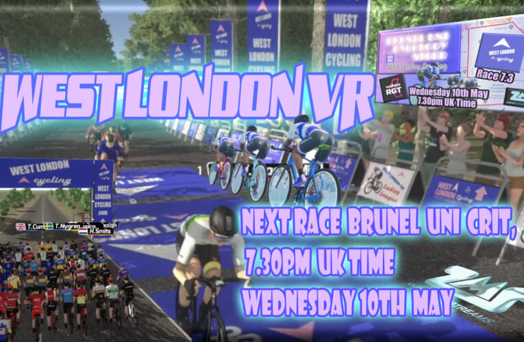 Cyclisme avec Culture  … West London VR Race 7.3 brings you yet another brand new course from the West London VR stable as we create a new vintage … Wednesday 10th May at 7.30pm UK Time on Wahoo RGT