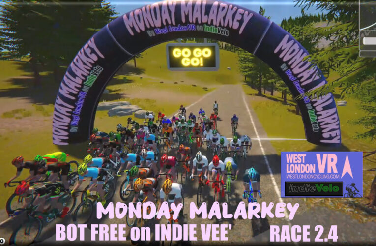 Debutant delight as Mads mountaineers his maiden win, clinching it on the climb … Monday Malarkey Madness as Electric Spirit move to the top of the teams standings with R3R in hot pursuit Race 2.4 was so much more! 51 riders started, BOT FREE ON INDIE VEE’ with WEST LONDON VR