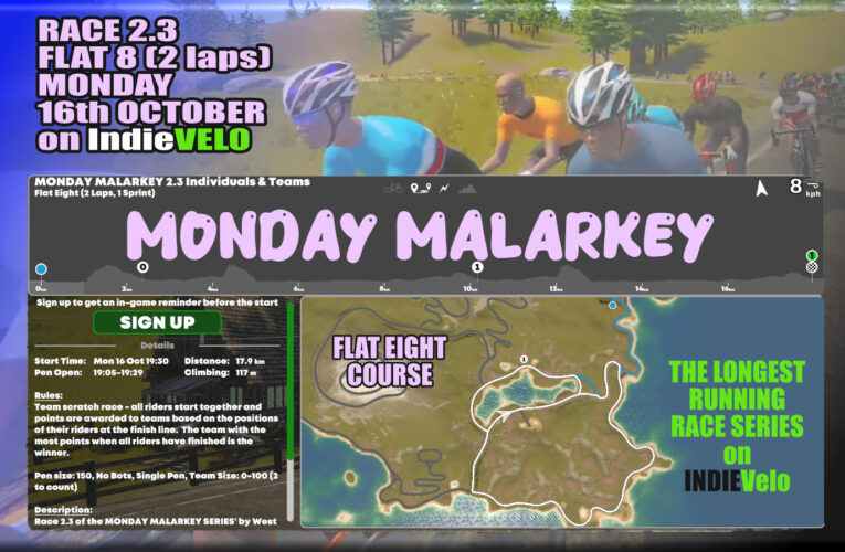 BE AT THE GATE FOR THE FLAT EIGHT …. TWO TIMES THE FUN WITH WEST LONDON …. IT’S MONDAY MALARKEY RACE 2.3, MONDAY 16th October at 7.30pm UK Time on INDIEVelo – 2 laps on the Flat Eight Course