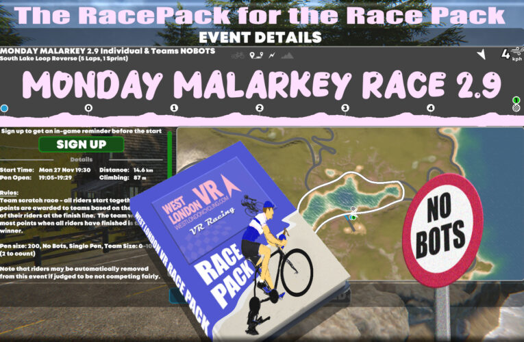 MONDAY MALARKEY RACE 2.9 IS RACEPACK READY FOR YOUR INSIDE TRACK FROM FRONT TO BACK. MONDAY MALARKEY IS ALL SPARKY AND SPARKLY, SO LET’S PARTY LIKE IT’S 19.30 TIME ………..Monday 27th November at 7.30pm UK Time on INDIEVELO