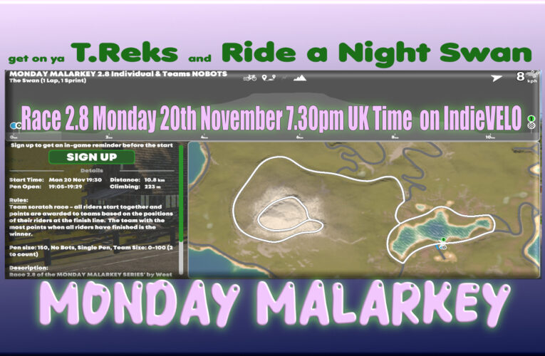 It’s the Swan Course on IndieVelo next for Monday Malarkey evening e-racers: Monday 20th November at 7.30 UK Time