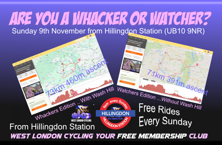 Wash Hill anyone? ….. take the challenge or bypass the climb, the choice is yours…. but be at Hillingdon Station at 9am Sunday 9th November for another great new West London Cycling Sunday ride.