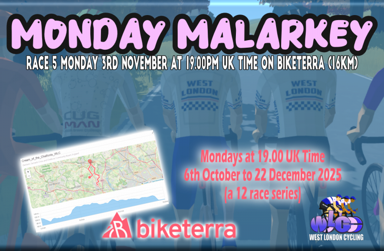 Monday Malarkey online Race 5: Monday 3rd November at 19.00pm UK Time on Biketerra … 16km of indoor cycling fun!