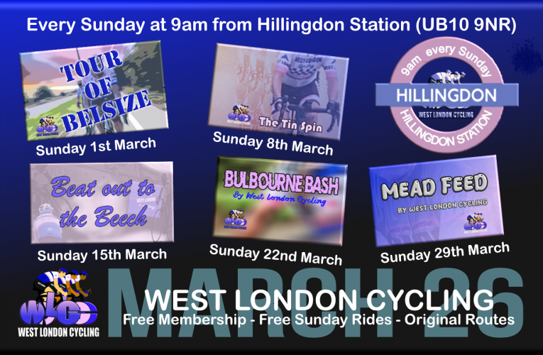 Your free to join March Sunday Rides from West London Cycling … Every Sunday 9am from Hillingdon Station (UB10 9NR)