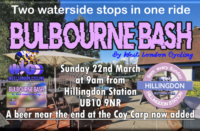West London Cycling’s Sunday Sunshine Ride on Sunday 22nd March now has two waterside stops, one for coffee and a sunshine beer garden near the end at the Coy Carp.