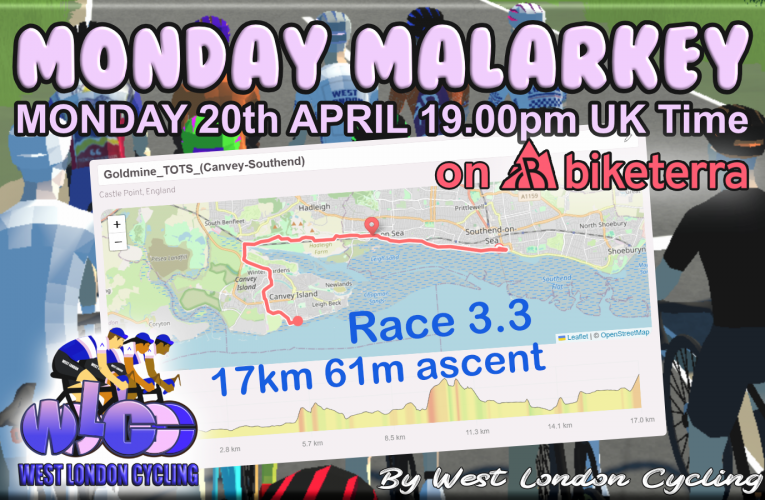 Monday Malarkey Race 3.3 … a Thames Titan on Monday 20th April at 19.00pm UK Time on Biketerra … Fast Blast online racing to exhilarate your evening!