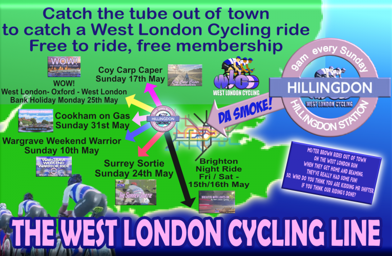 Catch the tube out of town to Hillingdon Station and catch a West London Cycling rural ride … free to ride, free membership.
