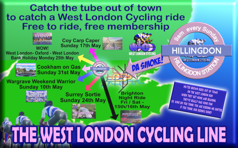 Catch the tube out of town to Hillingdon Station and catch a West London Cycling rural ride … free to ride, free membership.