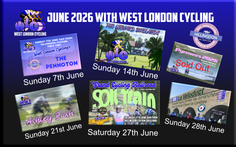 Great cycling coming your way from West London Cycling in June 2026. Join us every Sunday at 9am at Hillingdon Station (UB10 9NR)