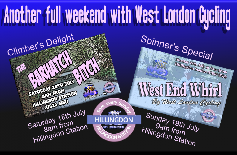 Another full weekend of cycling with West London Cycling – 18th and 19th July from Hillingdon Station (UB10 9NR) … free rides, free membership and feee spirit.